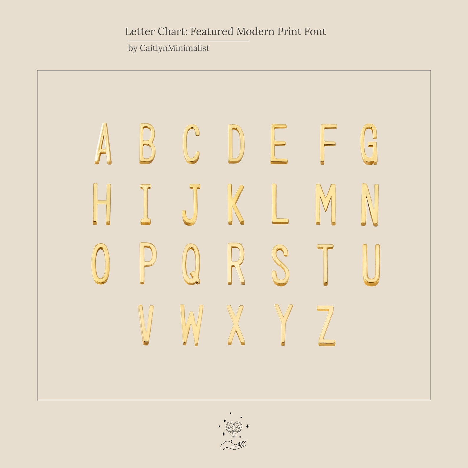Large Letter Bracelet features gold, uppercase modern alphabet A–Z in four rows on a light beige background—ideal for creating your own personalized bracelet or adding a stylish, modern accent to everyday jewelry.