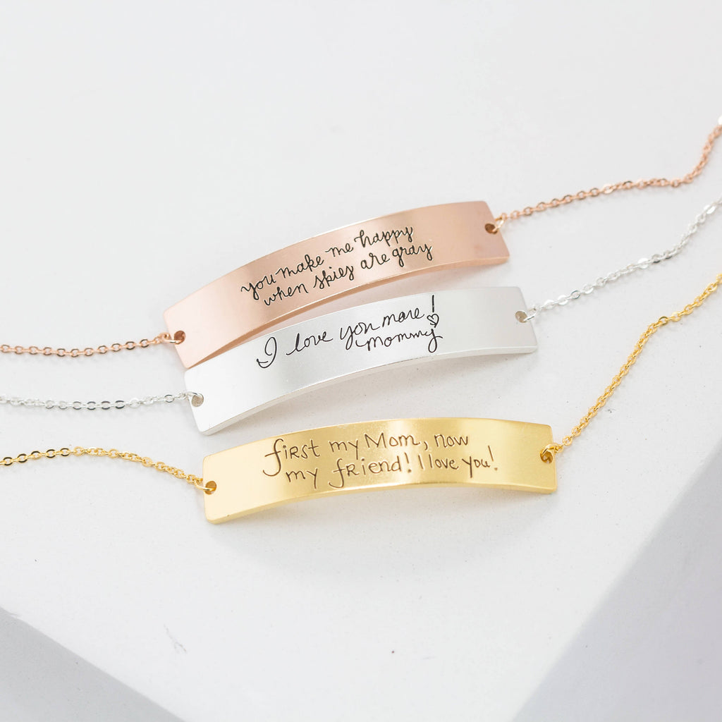 Three Handwriting Bar Bracelets in rose gold, silver, and gold with custom messages displayed on a white surface—meaningful personalized jewelry for thoughtful gifting.