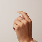 A hand showcases the Skinny Stacking Rings Set—dainty, minimalist rings with multiple skinny bands—set against a plain, light background.