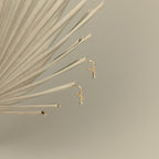 Lys Baguette Hoops, featuring small charms and baguette diamonds, exude classic elegance and are displayed on a dried palm leaf with a beige background.