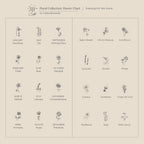 Discover our minimalist chart of monthly flowers, each shown with simple line art—perfect for inspiring personalized Dangling Birth Flower Earrings or creating unique statement jewelry pieces.