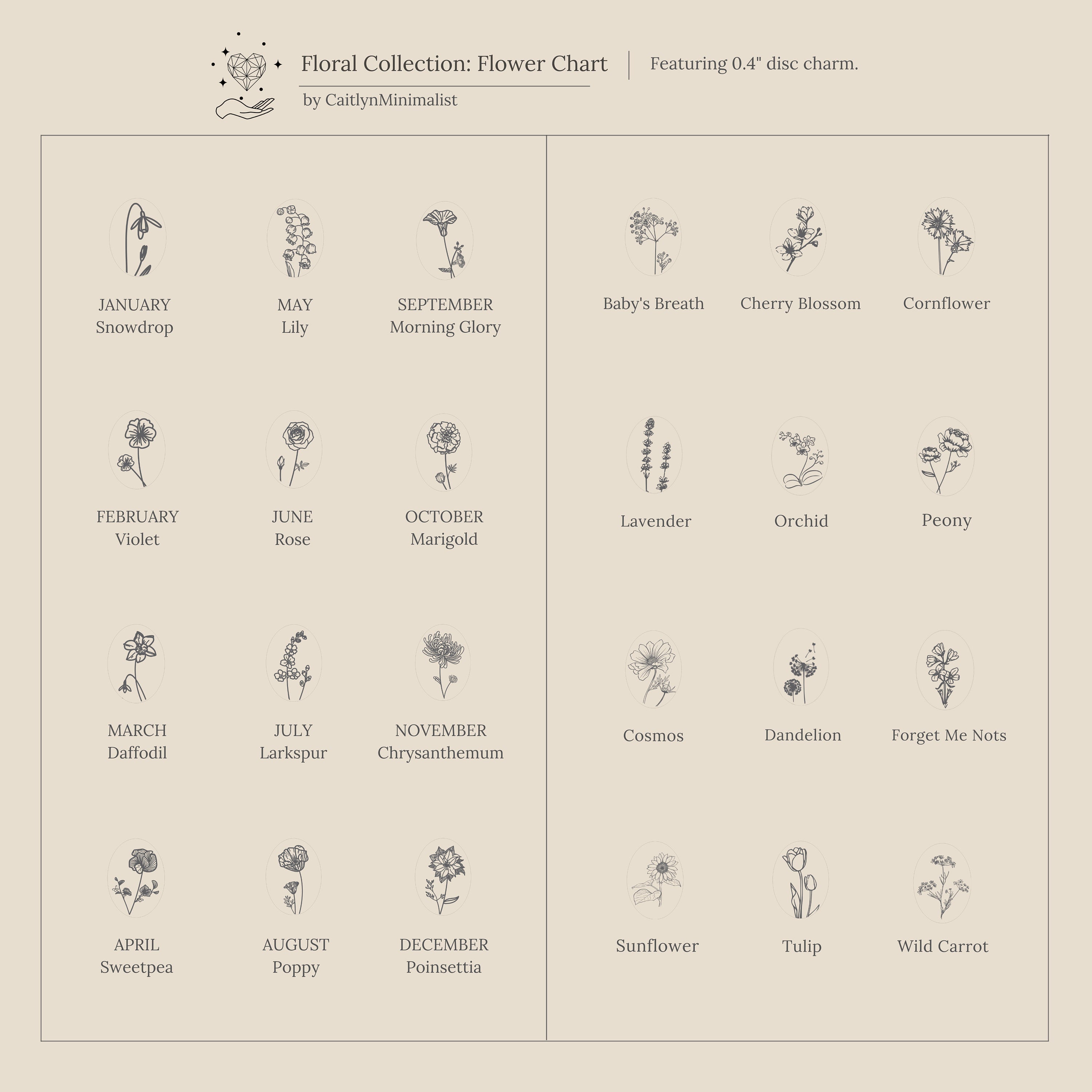 Discover our minimalist chart of monthly flowers, each shown with simple line art—perfect for inspiring personalized Dangling Birth Flower Earrings or creating unique statement jewelry pieces.