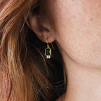 Close-up of a woman's ear wearing Emerald Drop Earrings, featuring teardrop-shaped green stones in a gold setting with rectangular and small square accents.